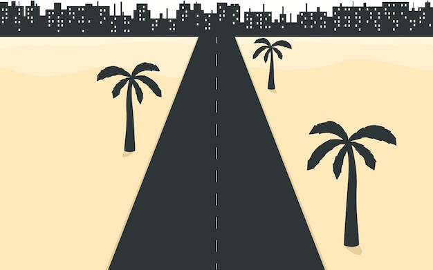 Vetor ilustração vetorial de palmeiras de estrada e paisagem urbana