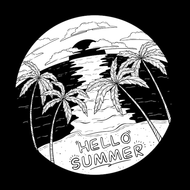 Ilustração vetorial de palmeiras design redondo de praia em estilo esboçado sinal de círculo à beira-mar