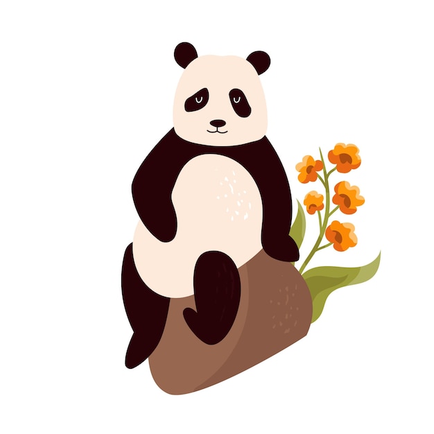 Ilustração vetorial de panda fofo sentado em uma pedra design de personagens animais isolado em um fundo branco