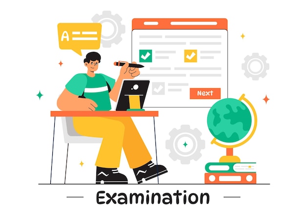 Ilustração vetorial de papel de exame com folhas de respostas de exame on-line, formulários, pesquisas e questionários da Internet em um fundo de desenho animado de estilo plano