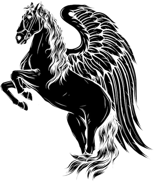 Vetor ilustração vetorial de pegasus cavalo alado vista lateral desenho preto e branco