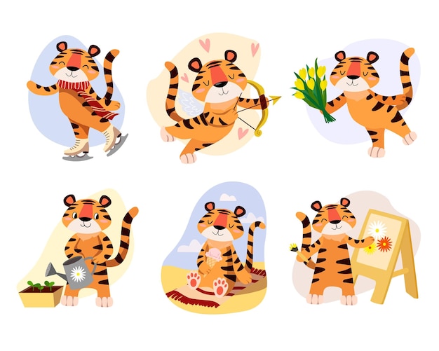 Ilustração vetorial de personagem infantil conjunto de um pequeno tigre fofo no estilo cartoon