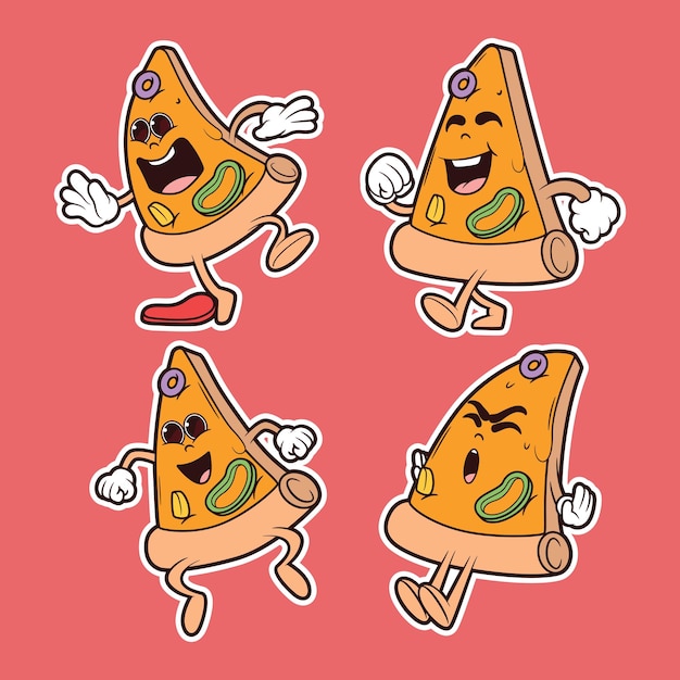 Ilustração vetorial de personagens de pizza slice conceito de design de marca engraçado de fast food