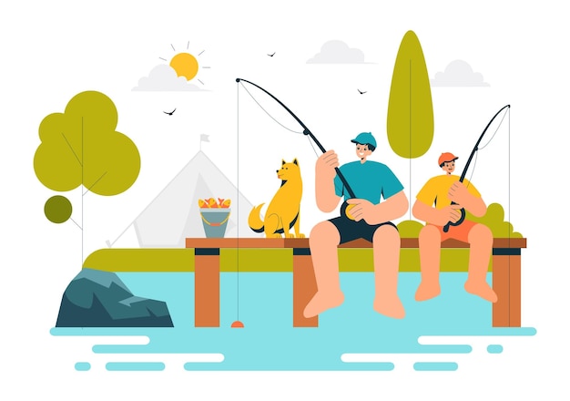 Ilustração vetorial de pesca de lazer com uma experiência de pesca com pescador esportivo e isca da costa do lago e em um barco em uma recreação