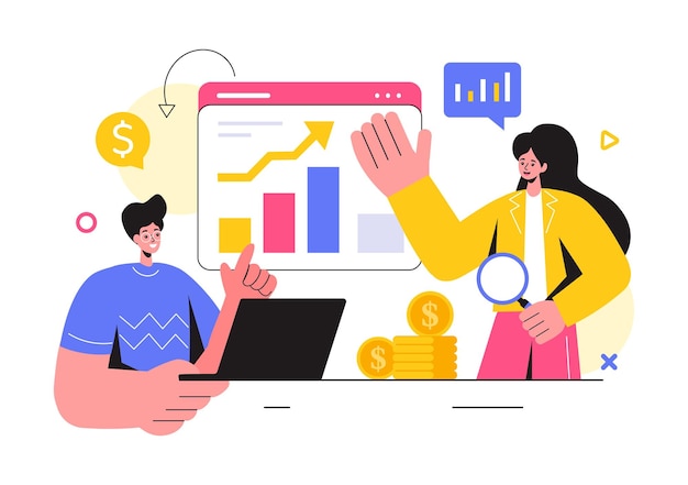 Ilustração vetorial de pesquisa e análise de mercado com gerenciamento e análise de equipe para criar estatísticas de dados em um fundo de desenho animado de estilo plano