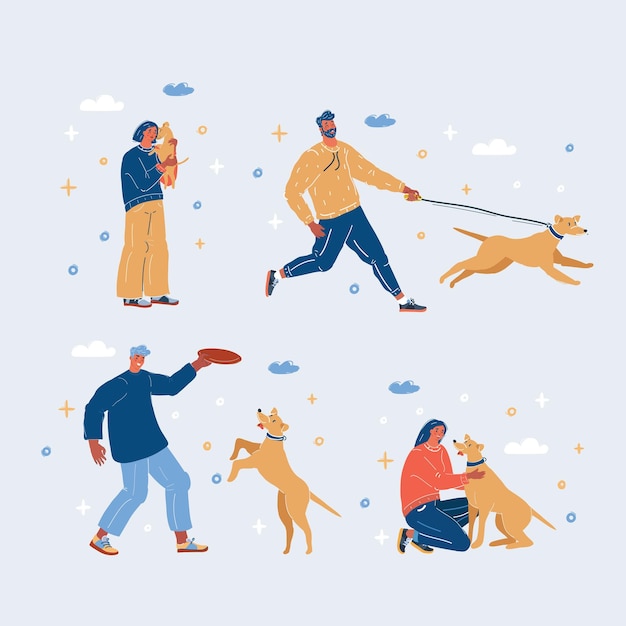 Ilustração vetorial de pessoas com cães Mulher homem brincar caminhar e abraçar seus animais de estimação