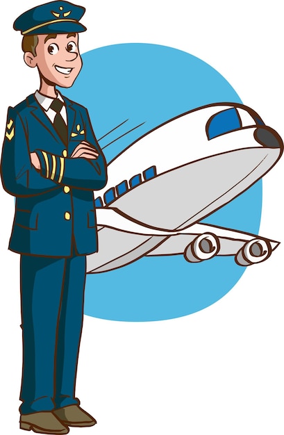 Vetor ilustração vetorial de piloto masculino no fundo do aeroporto