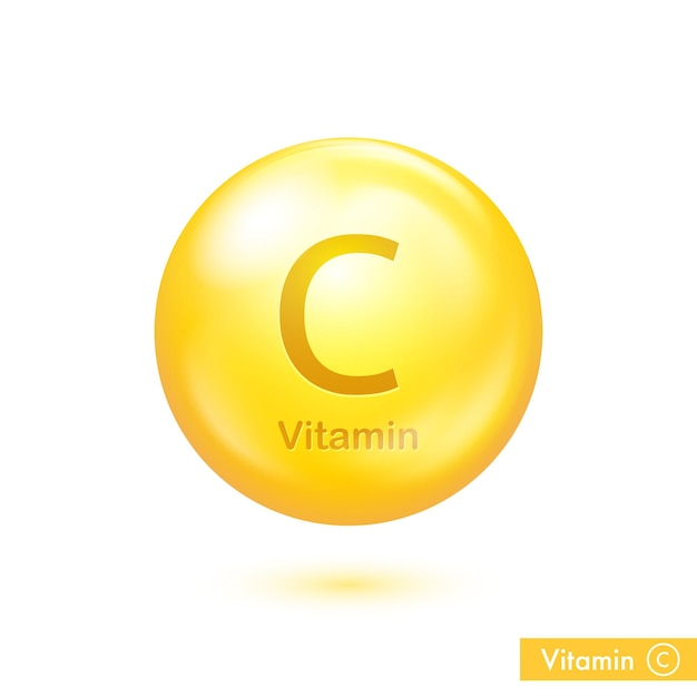 Ilustração vetorial de pílulas de vitamina C Gotas abstratas douradas para cuidados de saúde Bandeira médica