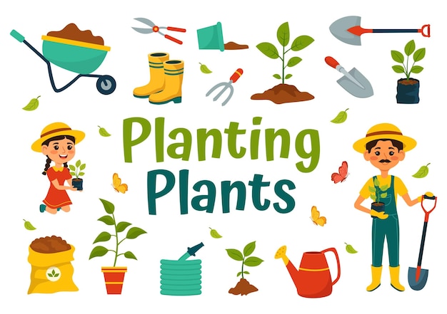 Ilustração vetorial de plantas plantadas com pessoas que gostam de plantar plantas ou cavar no jardim