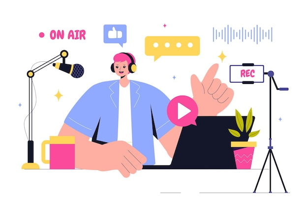 Ilustração vetorial de podcast com pessoas usando fones de ouvido para gravar áudio um apresentador entrevistando um convidado ou um programa on-line com um microfone