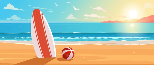 Ilustração vetorial de prancha de surf e bola de praia em uma praia de areia ao pôr do sol
