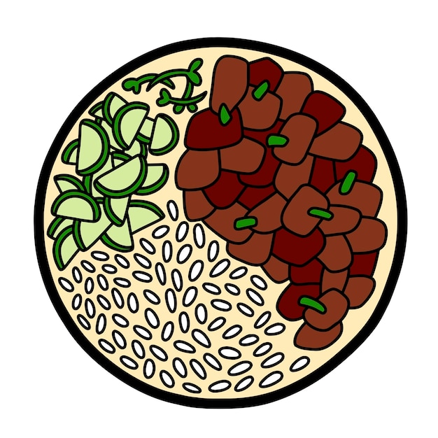 Ilustração vetorial de prato coreano bulgogi pepinos de carne de arroz