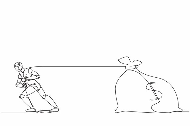 Vetor ilustração vetorial de projeto de robô de desenho de linha contínua de pé e puxando saco de dinheiro