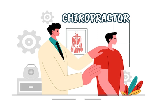 Ilustração vetorial de quiroprático de um paciente submetido a fisioterapia de reabilitação com um especialista em osteopatia e recebendo tratamento natural