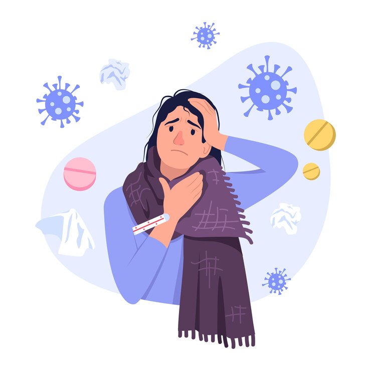 Vetor ilustração vetorial de resfriado e gripe cena de desenho animado com uma menina doente que mede a temperatura perto de suas pílulas usado guardanapos e bacilos fundo branco