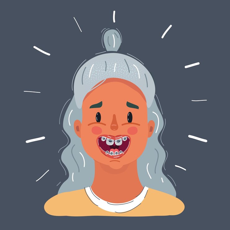 Vetor ilustração vetorial de retrato de um menino sorrindo com aparelhos dentários em seus dentes