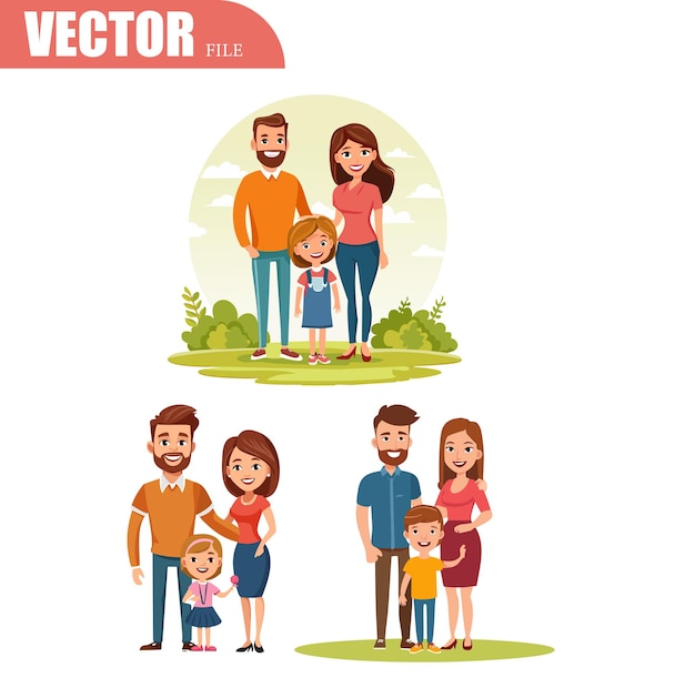 Ilustração vetorial de retratos de desenhos animados de família felizes de pais e filhos juntos