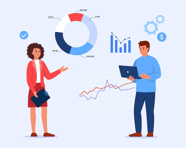 Vetor ilustração vetorial de reunião de negócios cena de desenho animado de uma mulher segurando um tablet para papel analisando um gráfico de torta um gráfico a barras um gráfico linear e um homem com um laptop isolado em um fundo branco