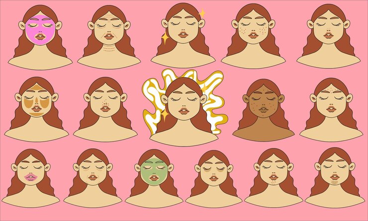Vetor ilustração vetorial de rosto de mulher com problema de pele e cuidados com a pele, apto para clínica e salão de beleza