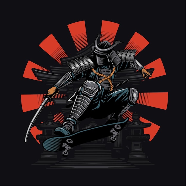 Vetor ilustração vetorial de samurai voando alto com skateboard