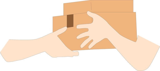 Ilustração vetorial de serviço de entrega mão do entregador com encomenda de caixa recebida à mão do cliente