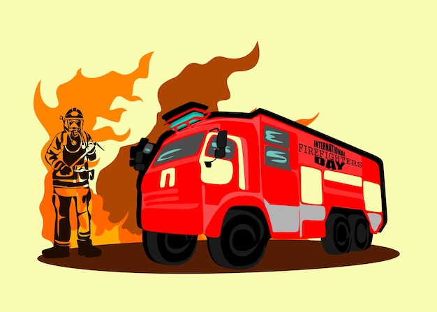 Ilustração vetorial de silhueta de bombeiro como um cartaz de banner ou modelo para o dia internacional dos bombeiros