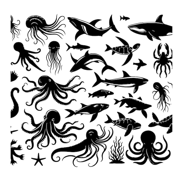 Vetor ilustração vetorial de siluetas de animais subaquáticos isoladas em fundo branco