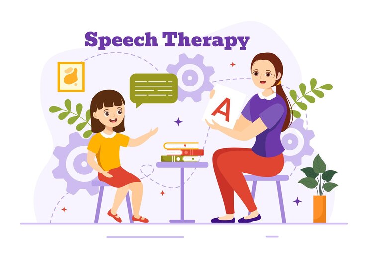 Vetor ilustração vetorial de terapia da fala com crianças treinando habilidades básicas de linguagem e problema de articulação