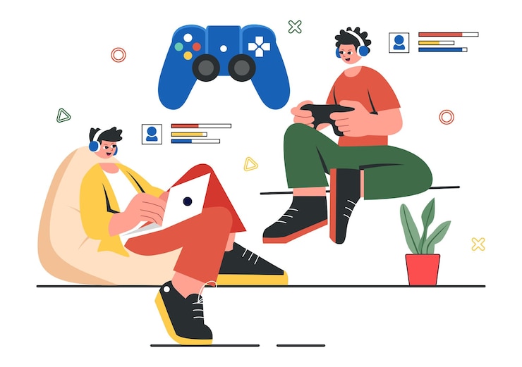 Vetor ilustração vetorial de torneio de esportes eletrônicos com dois jogadores competindo em um jogo on-line para uma competição de esportes cibernéticos dentro de uma arena de jogos