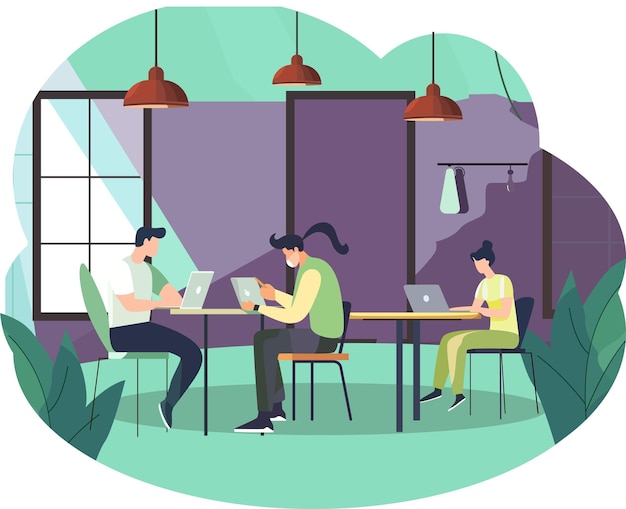 Ilustração vetorial de trabalhadores de escritório sentados em mesas em estilo de design plano
