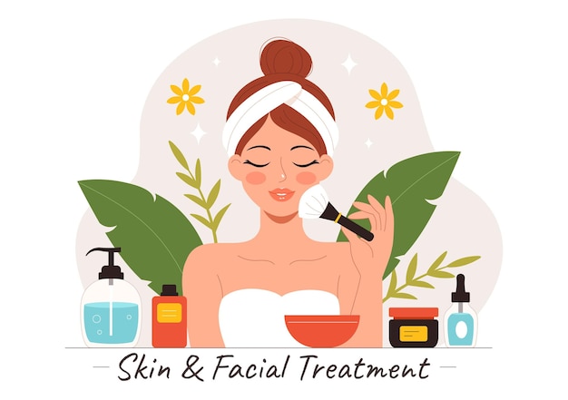 Ilustração vetorial de tratamentos faciais e de pele com cuidados de pele e anti-envelhecimento para mulheres