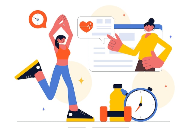 Ilustração vetorial de treinamento de bem-estar com uma lição de esportes ou um curso de fitness trabalhando com um treinador pessoal e recebendo orientação personalizada