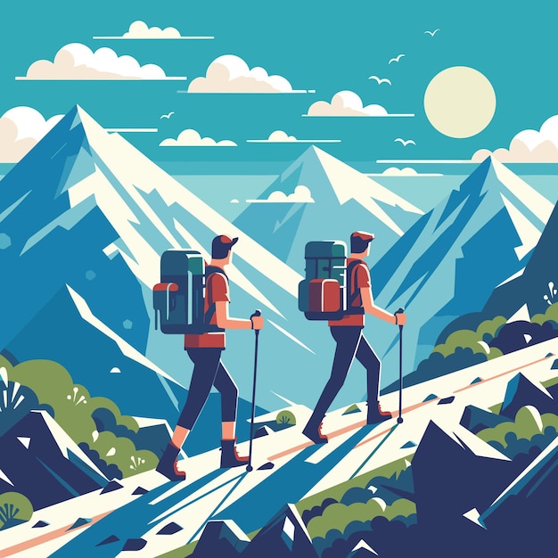 Vetor ilustração vetorial de trekking de montanha