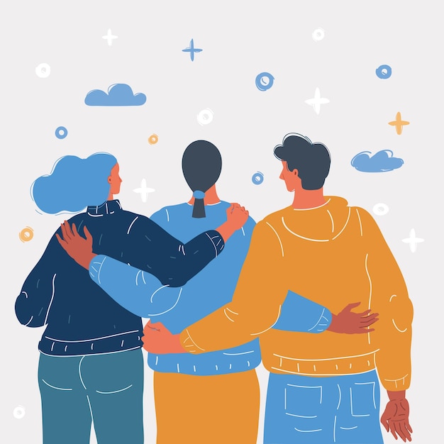 Ilustração vetorial de três amigos se reunindo