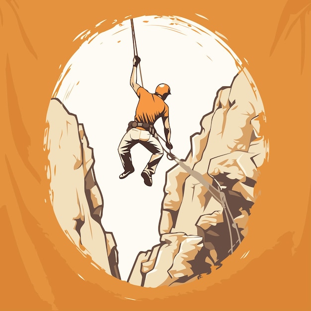 Vetor ilustração vetorial de um alpinista escalando no topo de um penhasco