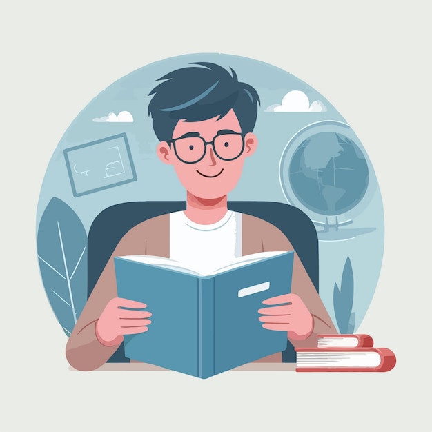 ilustração vetorial de um aluno lendo um livro