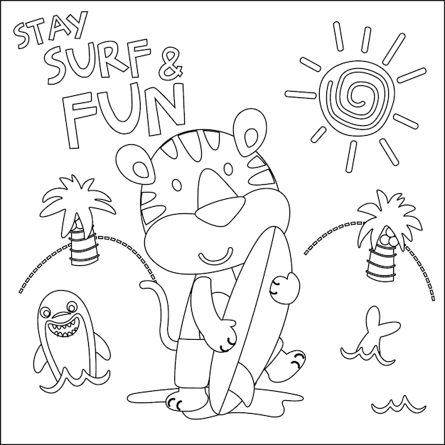 Vetor ilustração vetorial de um animalzinho fofo com uma prancha de surf design infantil para atividades infantis, livro de colorir ou página