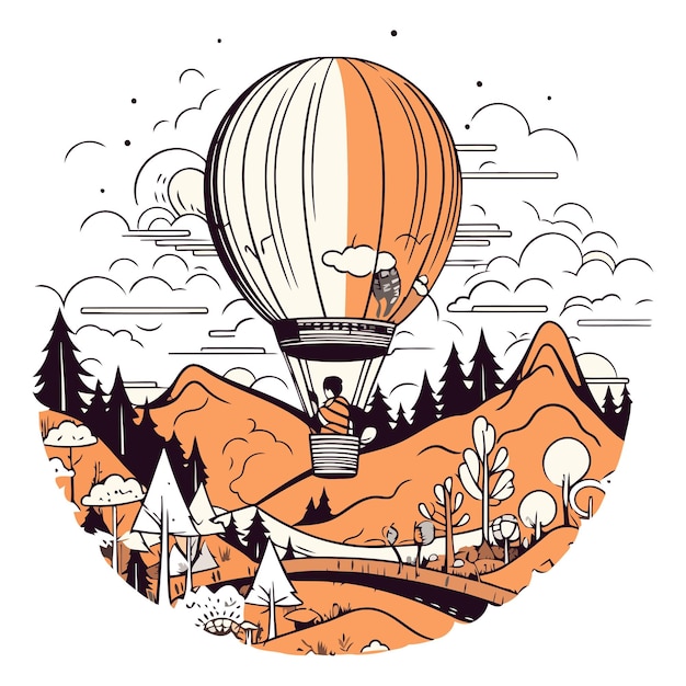 Vetor ilustração vetorial de um balão de ar quente voando sobre uma paisagem montanhosa em estilo de desenho animado