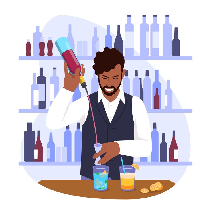 Vetor ilustração vetorial de um barman cena de desenho animado com um barman de pele escura misturando estantes de coquetéis com garrafas de bebidas de vinho isoladas em um fundo branco