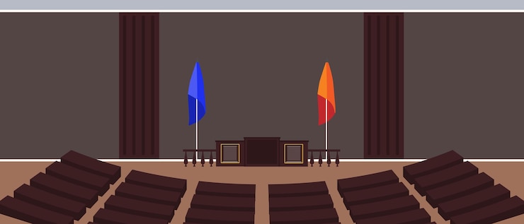 Vetor ilustração vetorial de um belo interior do supremo tribunal cena de desenho animado de um salão moderno com uma mesa do juiz e do júri barragens com balaustres bandeiras vermelhas e azuis assentos para pessoas