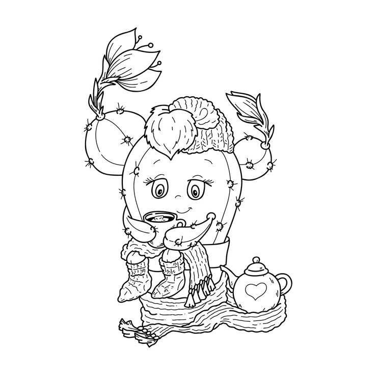 Vetor ilustração vetorial de um cacto fofo com uma xícara e um lenço no estilo handdraw doodle