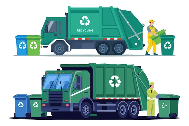 Ilustração vetorial de um caminhão de lixo de reciclagem verde em um estilo de design plano