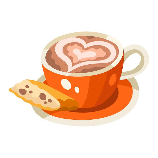 Ilustração vetorial de um cappuccino em xícara de laranja com biscoito biscotti