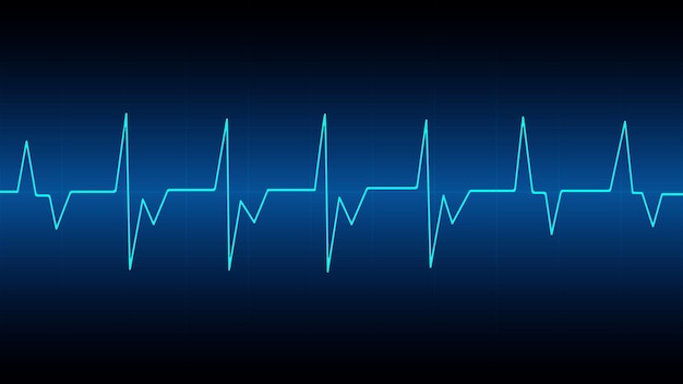Ilustração vetorial de um cardiograma fundo azul com uma linha de batimentos cardíacos eletrocardiograma de pulso de medicina frequência cardíaca