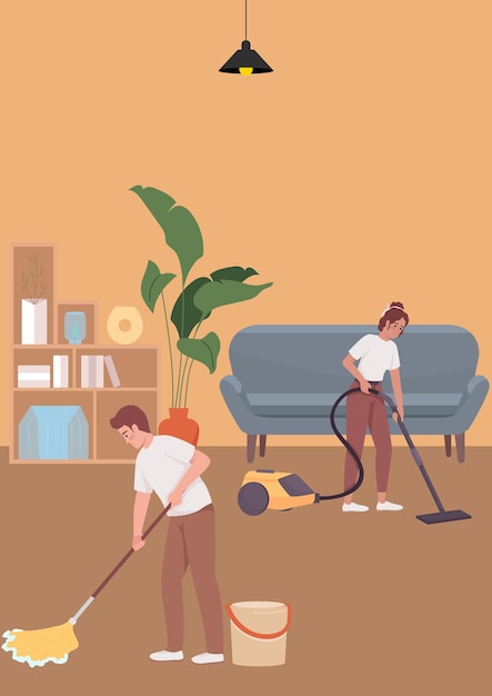 Ilustração vetorial de um casal limpando a casa juntos