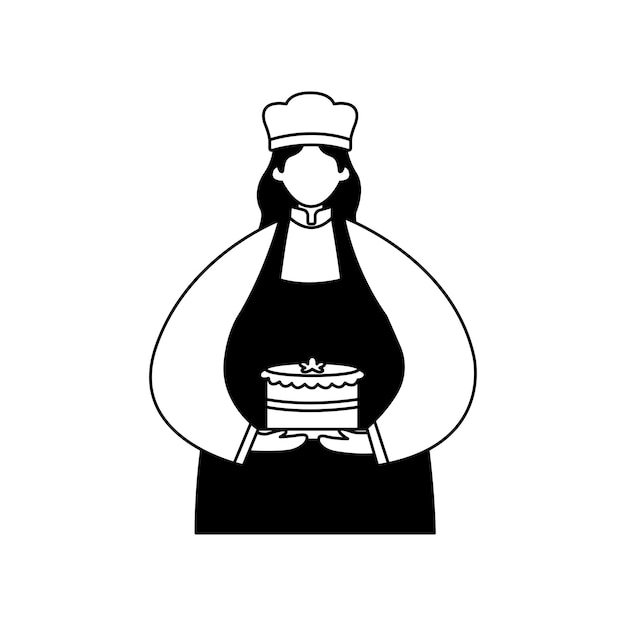 Vetor ilustração vetorial de um chef de pastelaria de uniforme com um bolo nas mãos arte de linha de profissão