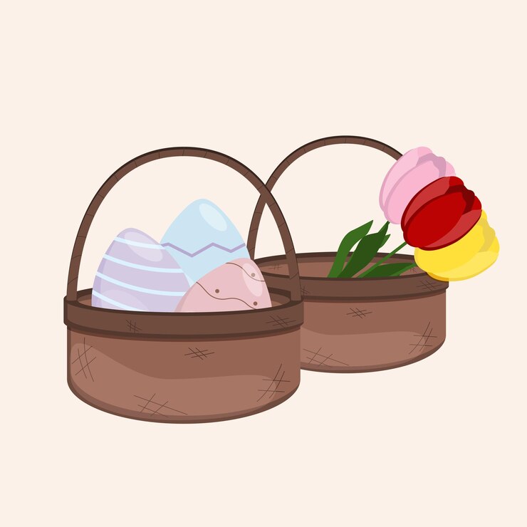 Vetor ilustração vetorial de um conjunto de cestas de páscoa com ovos e tulipas