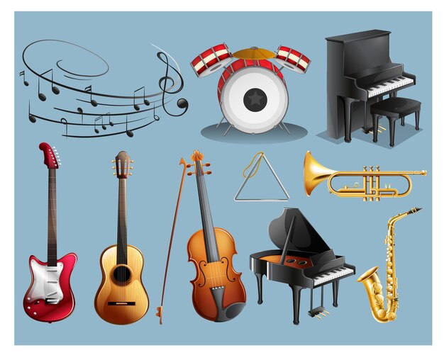 Ilustração vetorial de um conjunto de instrumentos musicais