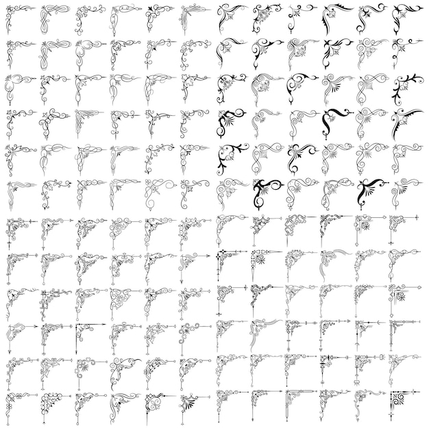 Vetor ilustração vetorial de um conjunto de molduras de canto decorativas desenho manual de cantos diferentes formas flor