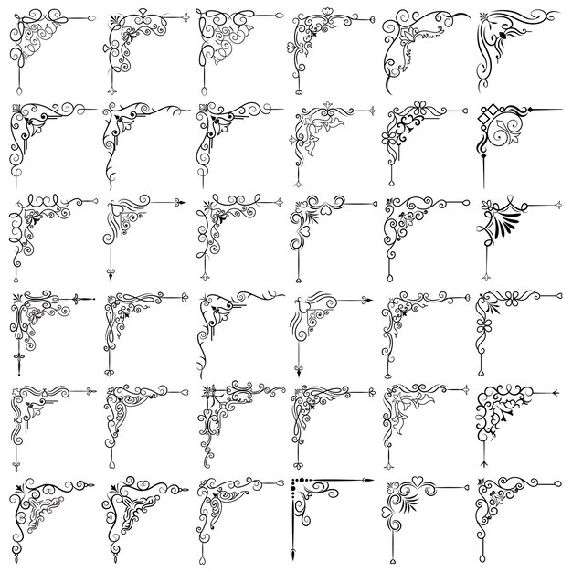 Vetor ilustração vetorial de um conjunto de molduras de canto decorativas desenho manual de cantos diferentes formas flor